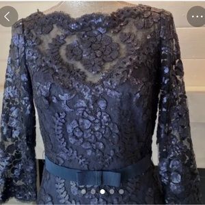 Tadashi Shoji Women's Sequined Three-Quarter Sleeved Gown with Belt Blue Size 6.